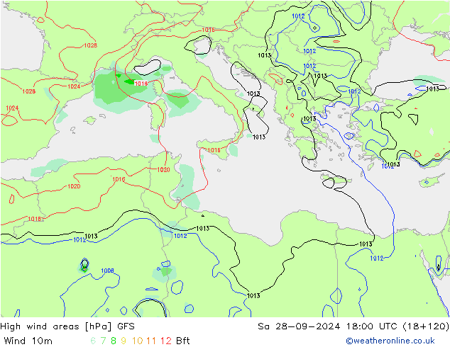 High wind areas GFS Sáb 28.09.2024 18 UTC