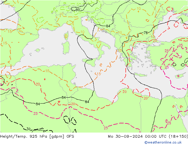 Height/Temp. 925 hPa GFS  30.09.2024 00 UTC