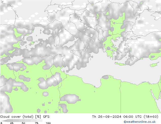 Cloud cover (total) GFS Th 26.09.2024 06 UTC