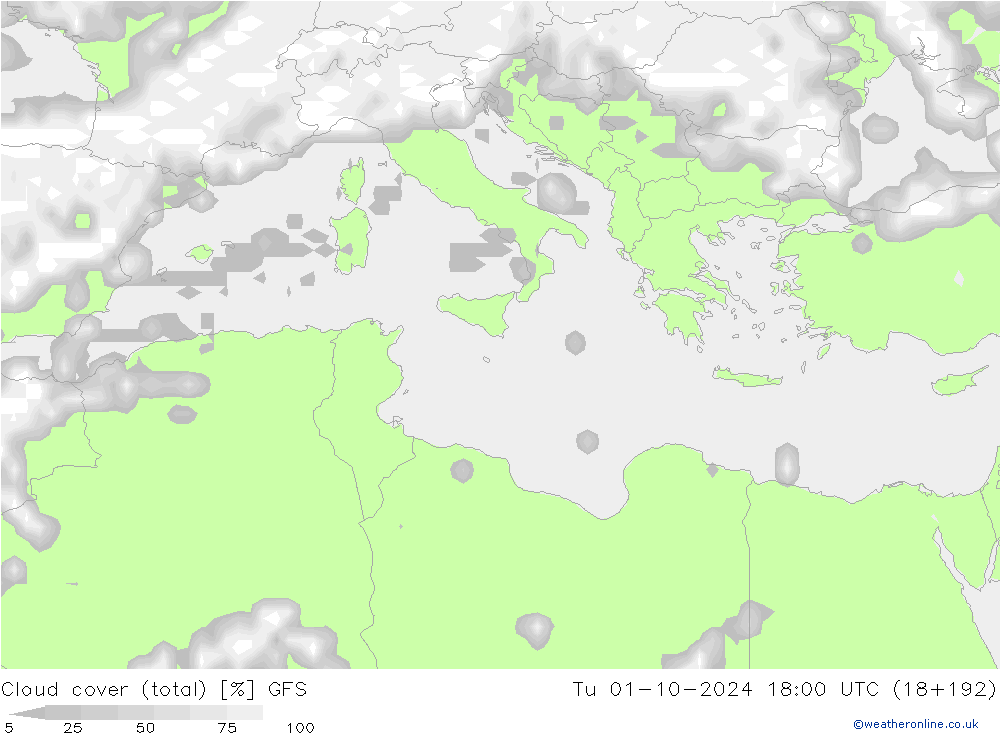 Bulutlar (toplam) GFS Sa 01.10.2024 18 UTC