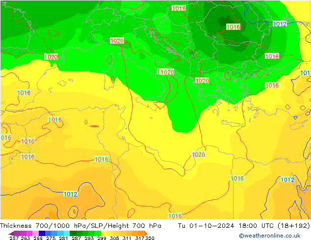 Thck 700-1000 hPa GFS Tu 01.10.2024 18 UTC