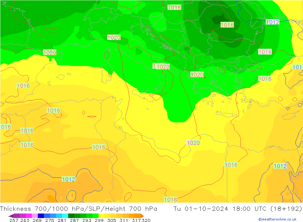 Espesor 700-1000 hPa GFS mar 01.10.2024 18 UTC