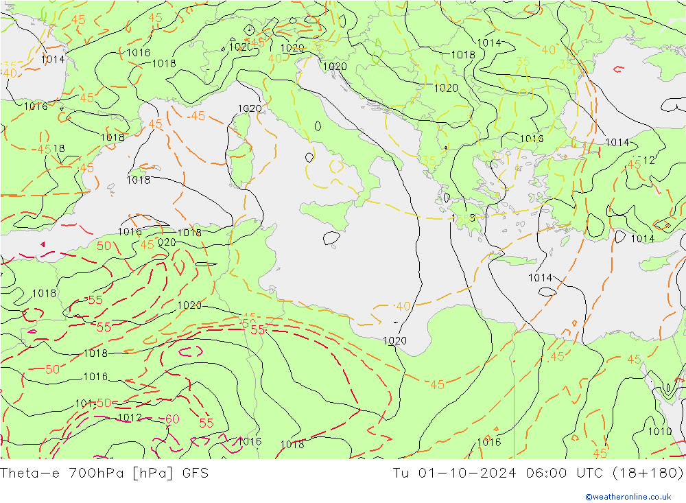 Theta-e 700гПа GFS вт 01.10.2024 06 UTC