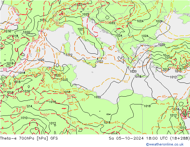 Theta-e 700hPa GFS so. 05.10.2024 18 UTC