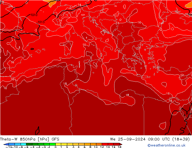 Theta-W 850hPa GFS We 25.09.2024 09 UTC