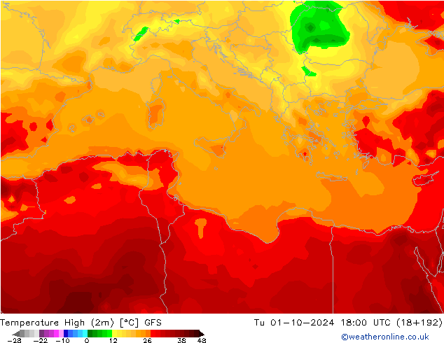 Temperatura máx. (2m) GFS mar 01.10.2024 18 UTC