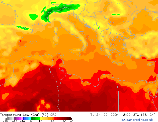 Minumum Değer (2m) GFS Sa 24.09.2024 18 UTC