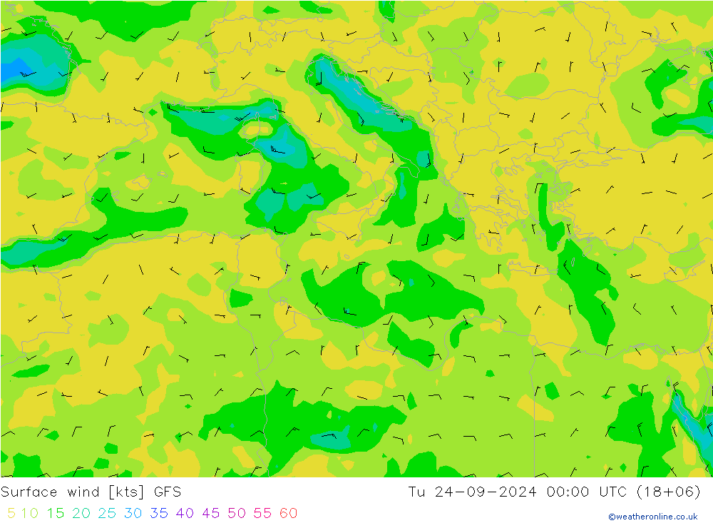 Neerslag 6h/Wind 10m/950 GFS di 24.09.2024 00 UTC