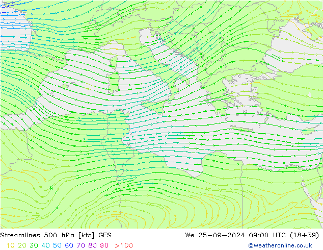 Linia prądu 500 hPa GFS śro. 25.09.2024 09 UTC