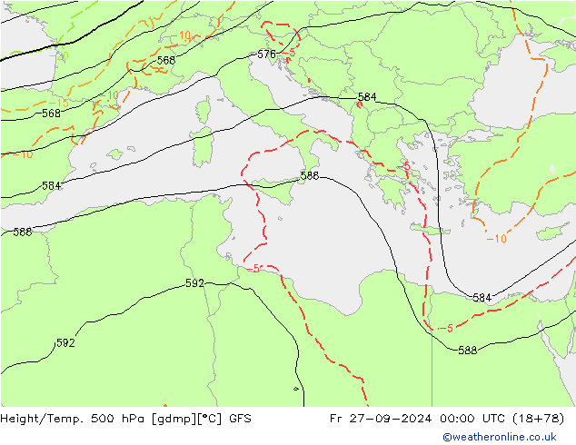 Z500/Rain (+SLP)/Z850 GFS ven 27.09.2024 00 UTC