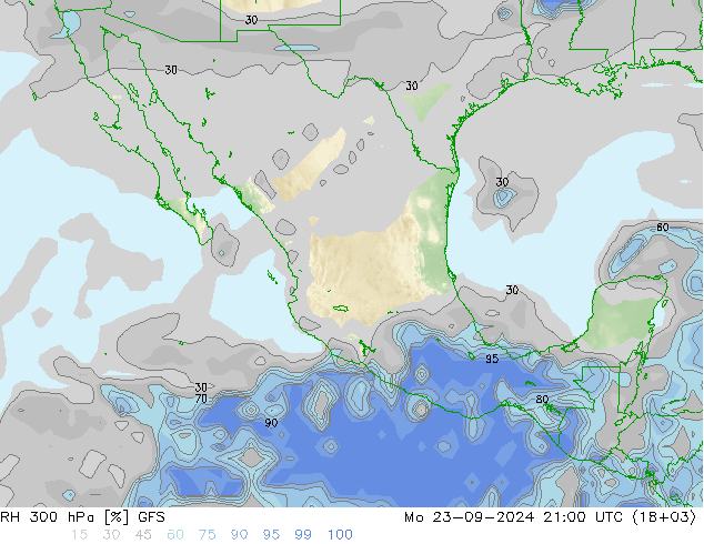 RH 300 hPa GFS Mo 23.09.2024 21 UTC