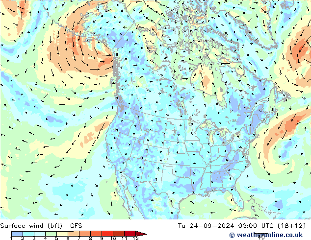 Vent 10 m (bft) GFS mar 24.09.2024 06 UTC