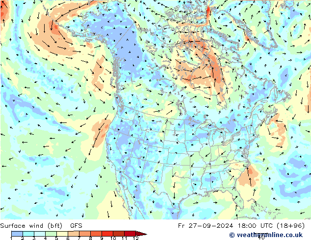  10 m (bft) GFS  27.09.2024 18 UTC