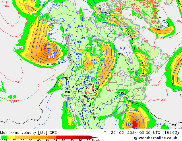 Max. wind velocity GFS чт 26.09.2024 09 UTC