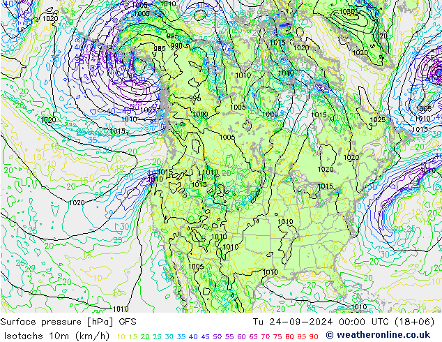 Isotachs (kph) GFS вт 24.09.2024 00 UTC