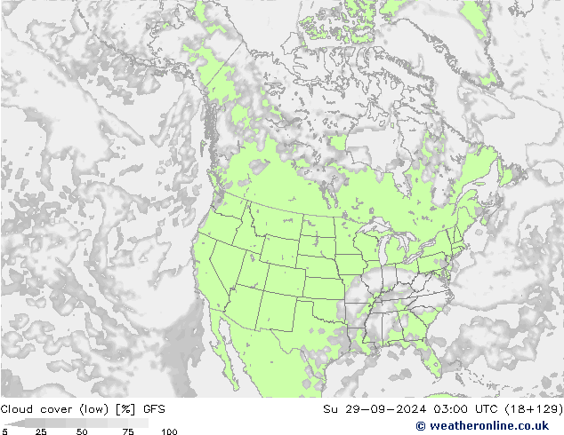 Cloud cover (low) GFS Su 29.09.2024 03 UTC