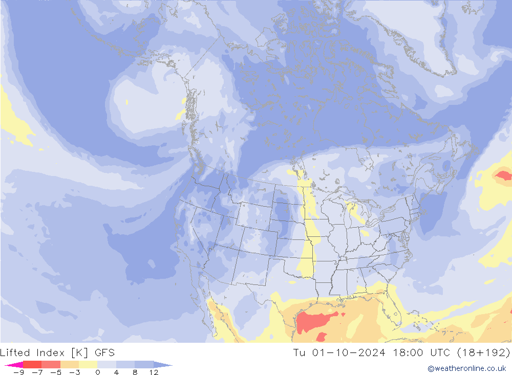 Lifted Index GFS Tu 01.10.2024 18 UTC