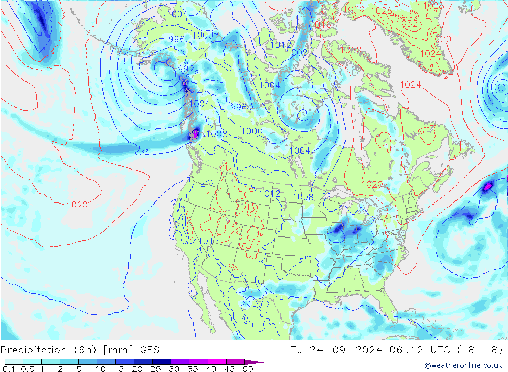 Precipitation (6h) GFS Út 24.09.2024 12 UTC