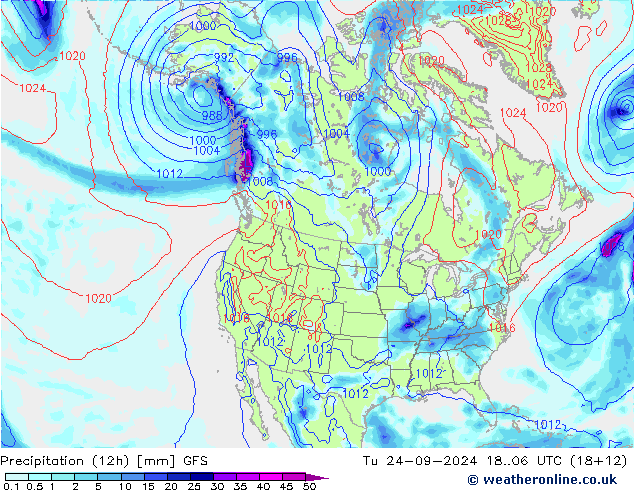 Précipitation (12h) GFS mar 24.09.2024 06 UTC