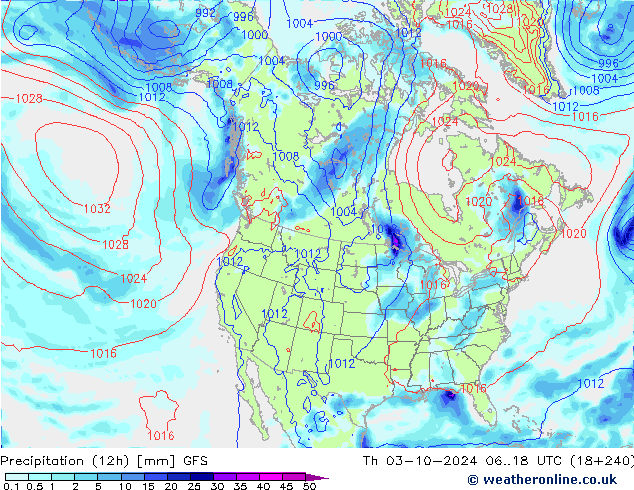 Precipitación (12h) GFS jue 03.10.2024 18 UTC