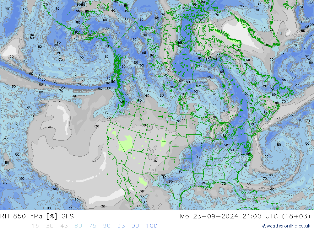 RH 850 hPa GFS Po 23.09.2024 21 UTC