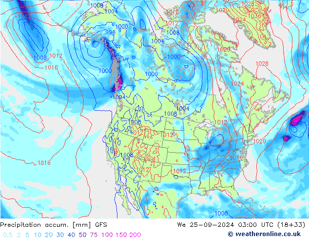 Precipitation accum. GFS śro. 25.09.2024 03 UTC