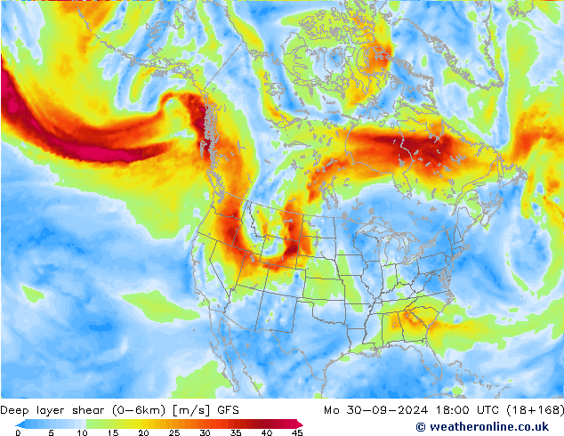 Deep layer shear (0-6km) GFS Mo 30.09.2024 18 UTC