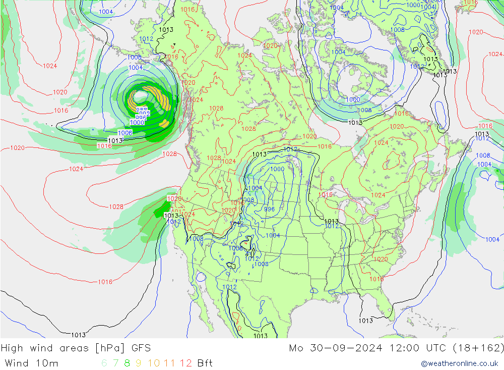 High wind areas GFS lun 30.09.2024 12 UTC