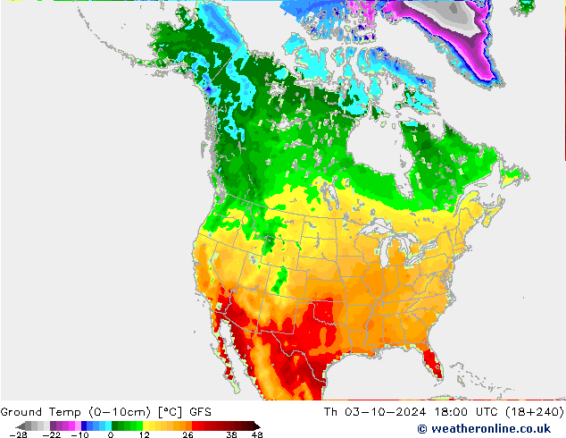 temp. mín./solo (0-10cm) GFS Qui 03.10.2024 18 UTC