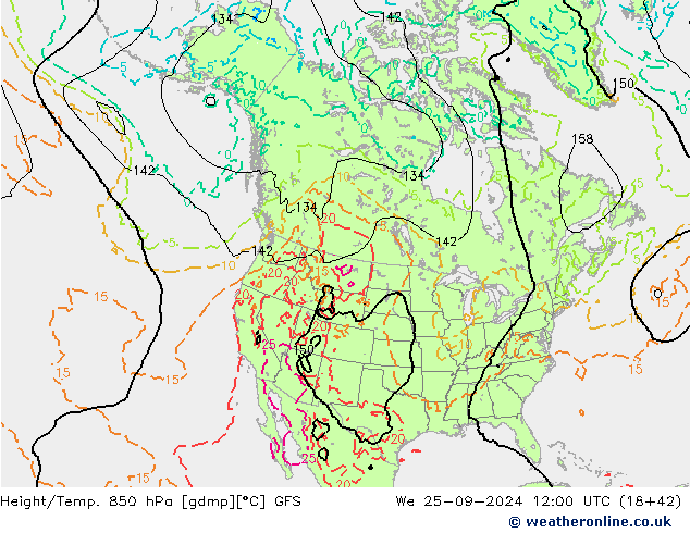 Height/Temp. 850 hPa GFS śro. 25.09.2024 12 UTC