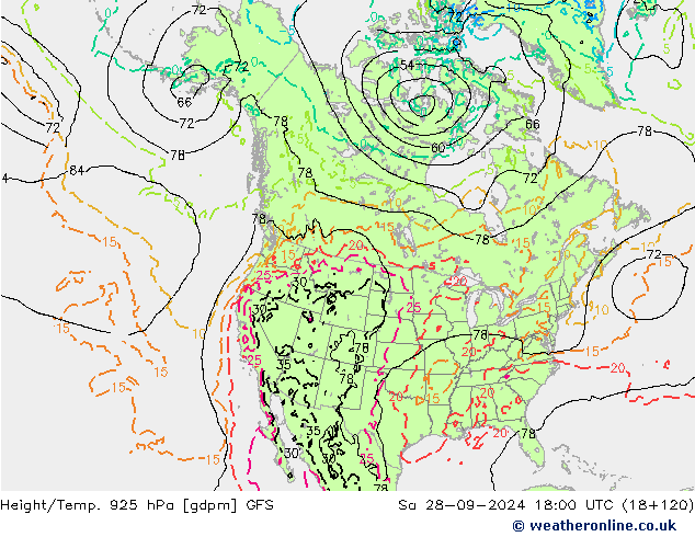 Height/Temp. 925 hPa GFS So 28.09.2024 18 UTC