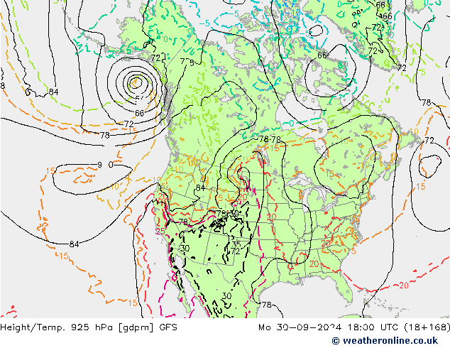 Height/Temp. 925 hPa GFS Mo 30.09.2024 18 UTC