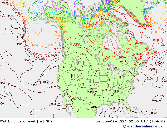 Wet bulb zero level GFS  25.09.2024 00 UTC