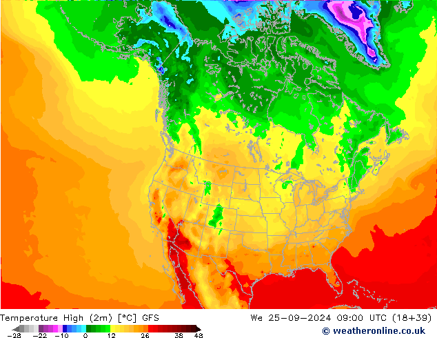 Max.temperatuur (2m) GFS wo 25.09.2024 09 UTC