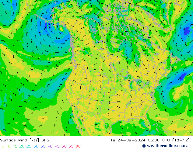 wiatr 10 m GFS wto. 24.09.2024 06 UTC