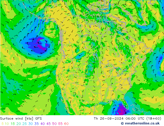 Surface wind GFS Čt 26.09.2024 06 UTC