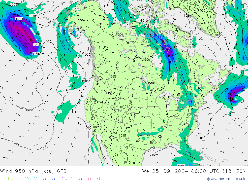 Wind 950 hPa GFS wo 25.09.2024 06 UTC