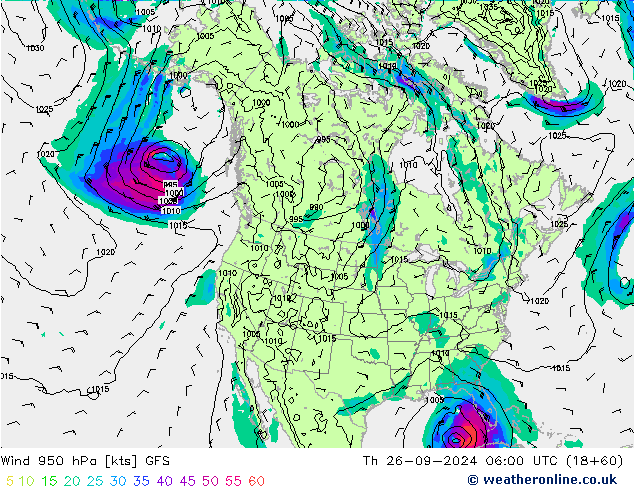 Viento 950 hPa GFS jue 26.09.2024 06 UTC