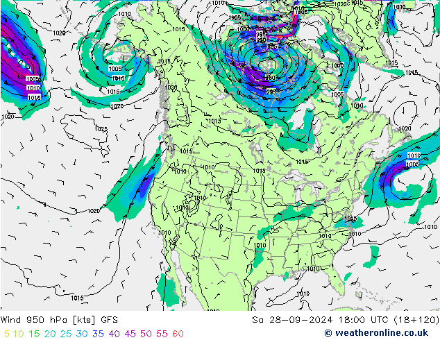 Rüzgar 950 hPa GFS Cts 28.09.2024 18 UTC