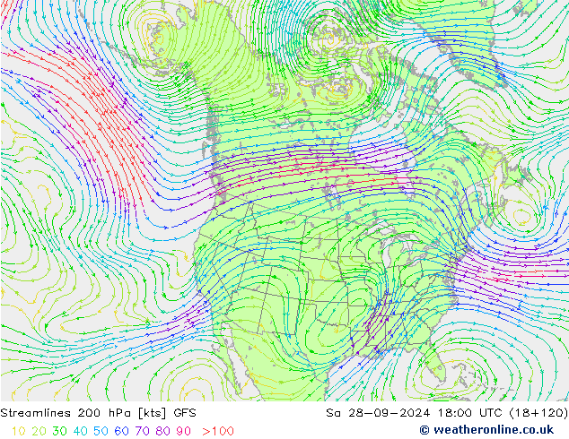 Stromlinien 200 hPa GFS Sa 28.09.2024 18 UTC