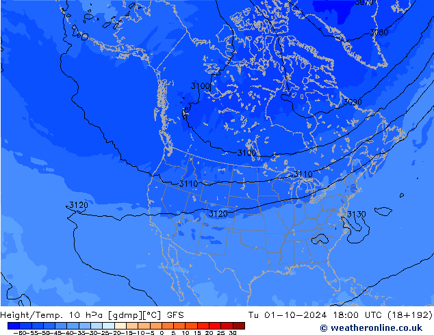 Height/Temp. 10 гПа GFS вт 01.10.2024 18 UTC