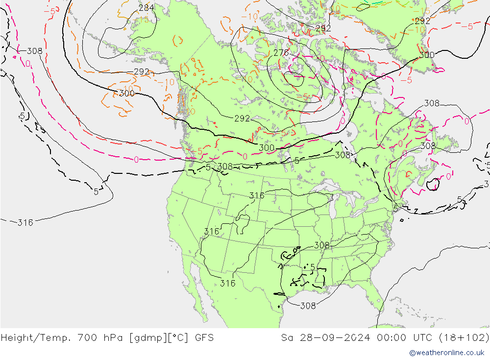 Height/Temp. 700 hPa GFS Sa 28.09.2024 00 UTC