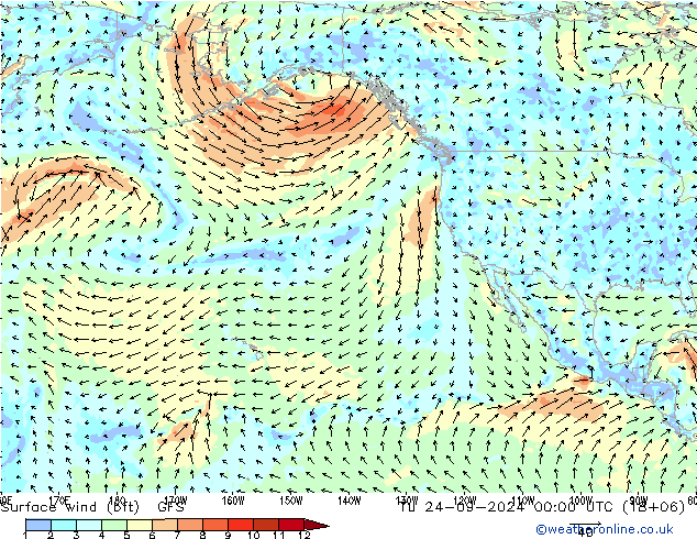 wiatr 10 m (bft) GFS wto. 24.09.2024 00 UTC