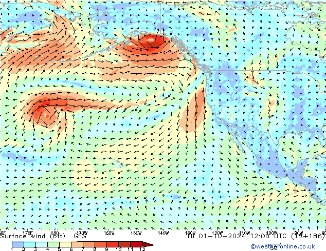 Surface wind (bft) GFS Tu 01.10.2024 12 UTC