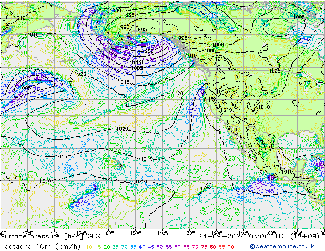 Isotachs (kph) GFS mar 24.09.2024 03 UTC