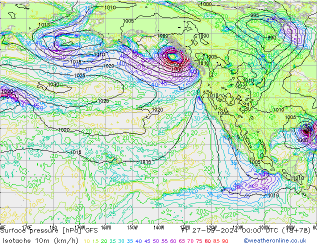 Isotachs (kph) GFS  27.09.2024 00 UTC