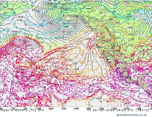 Theta-e 850hPa GFS wto. 24.09.2024 06 UTC