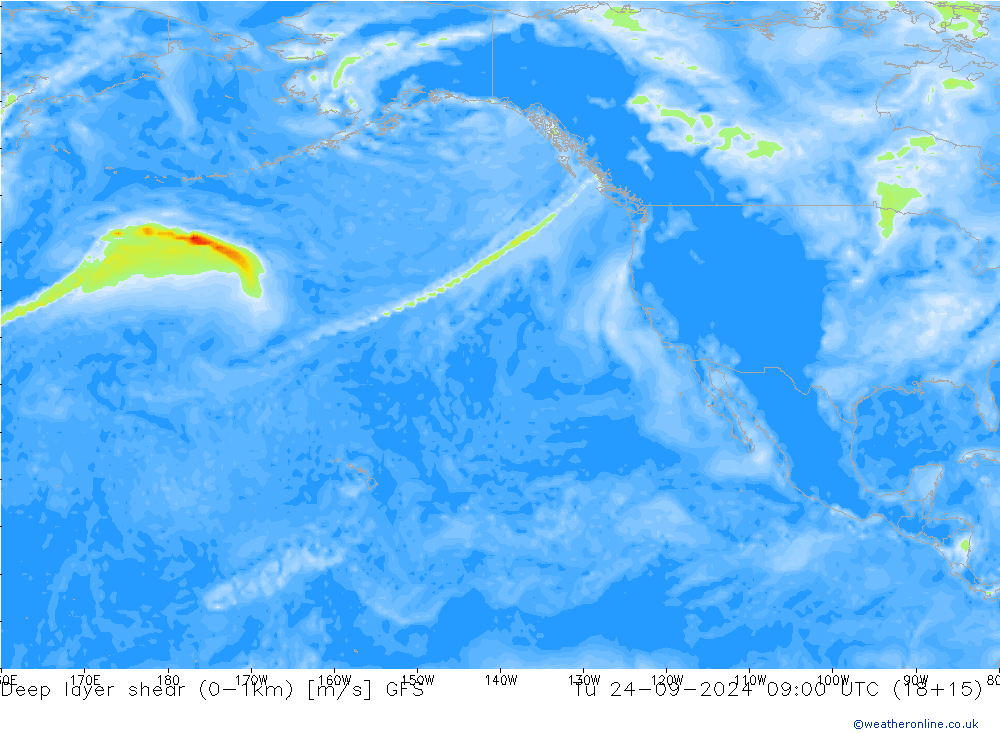 Deep layer shear (0-1km) GFS Sa 24.09.2024 09 UTC