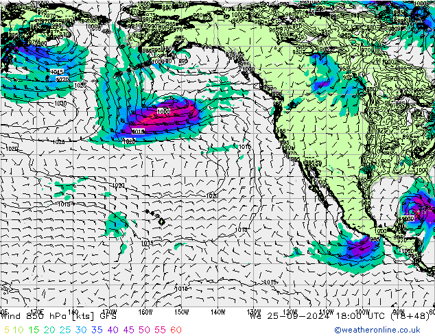 wiatr 850 hPa GFS śro. 25.09.2024 18 UTC