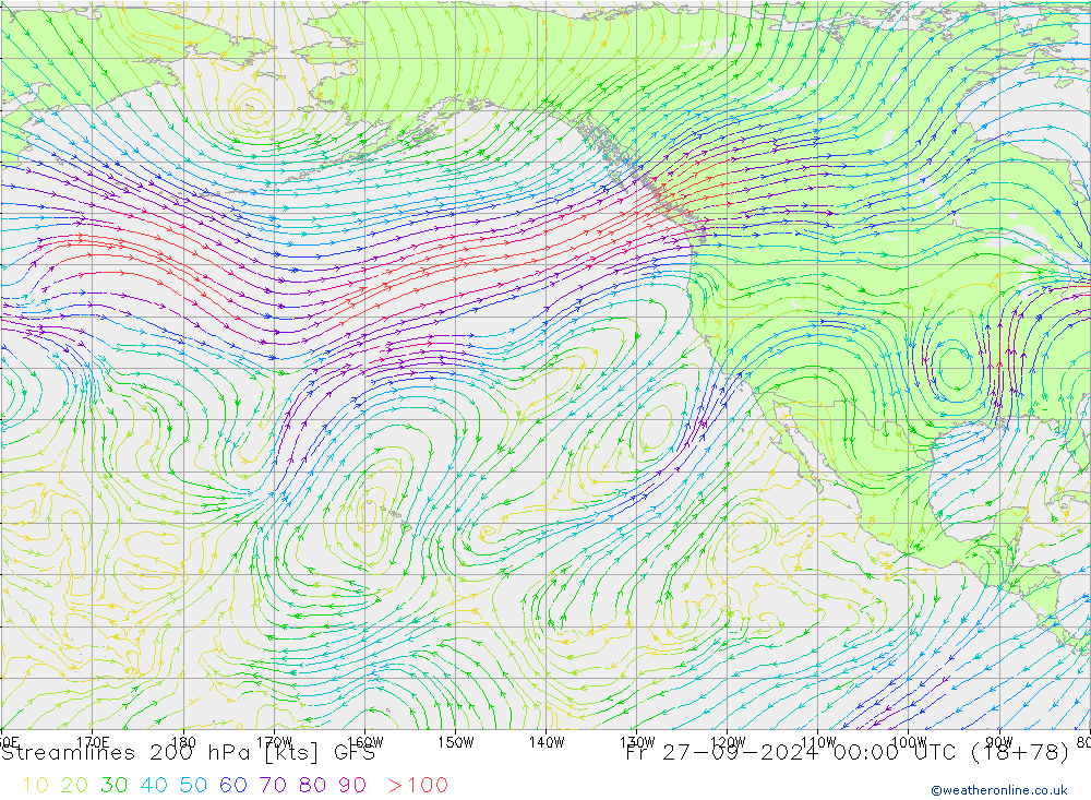 Línea de corriente 200 hPa GFS vie 27.09.2024 00 UTC